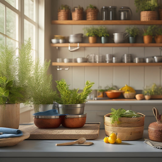 A stylish kitchen countertop featuring a compact, wooden tiered rack adorned with potted herbs, colorful spices, and neatly arranged kitchen utensils, bathed in warm, natural light with soft shadows enhancing the inviting atmosphere.