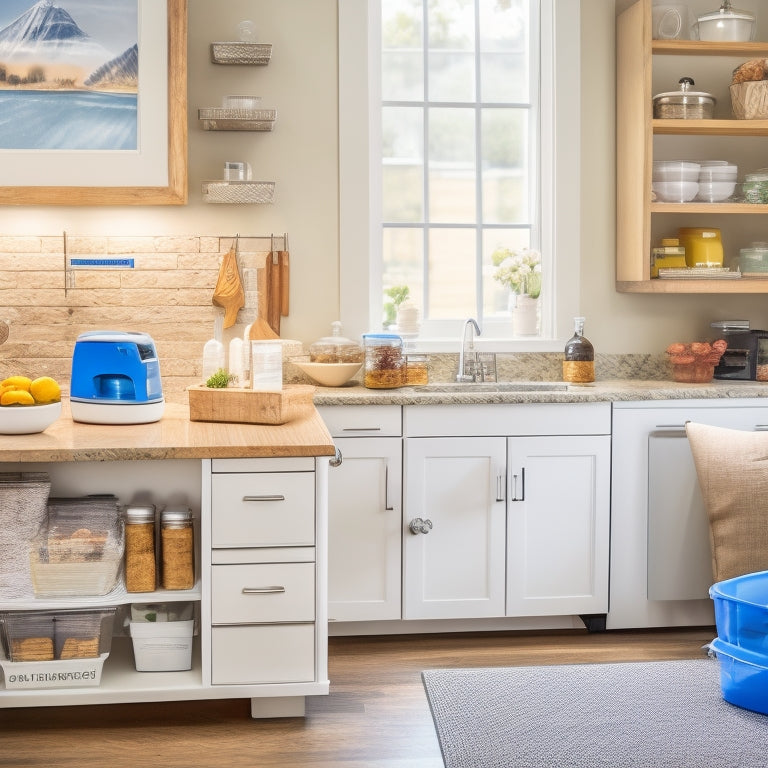 A clean and organized kitchen with a dedicated diabetes management station featuring a wooden cart with labeled baskets, a built-in insulin cooler, and a prominent blood glucose meter display.