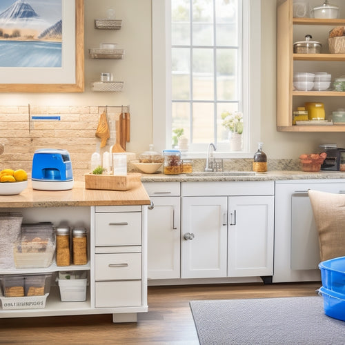 A clean and organized kitchen with a dedicated diabetes management station featuring a wooden cart with labeled baskets, a built-in insulin cooler, and a prominent blood glucose meter display.