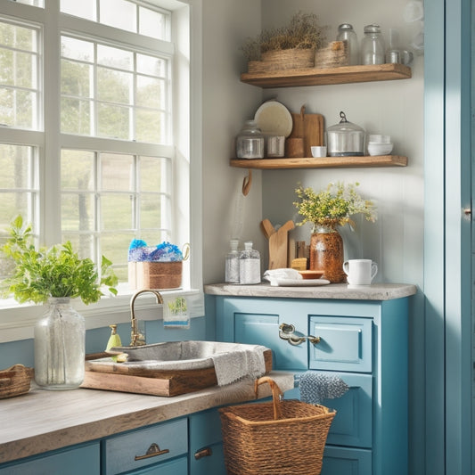 A bright, airy kitchen with repurposed items: a wooden crate transformed into a utensil holder, a mason jar turned into a soap dispenser, and a vintage window converted into a cabinet door.