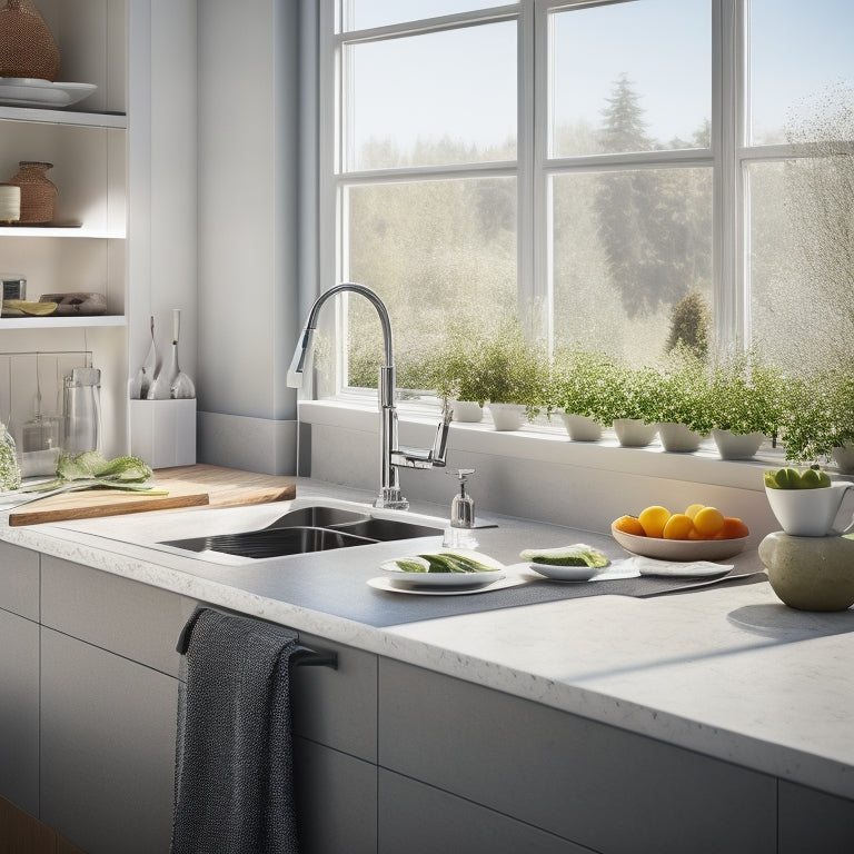 A sleek, modern kitchen with a compact dish drainer on the countertop, featuring neatly arranged plates, glasses, and utensils. Soft sunlight filters through a nearby window, highlighting the drainer's stylish design and functionality.