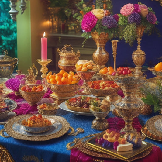 A vibrant, mouth-watering image featuring a lavish buffet spread with golden utensils, fine china, and a majestic, ornate centerpiece, surrounded by luxurious table runners and candles.