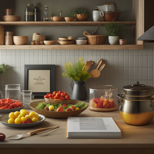A warm, well-lit kitchen with a sleek, modern bookshelf holding a few cherished recipe books, alongside a tablet displaying a digital cookbook, surrounded by utensils and a few fresh ingredients.