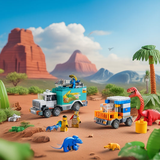 A colorful, highly detailed LEGO diorama featuring a customized medic truck with dinosaur-shaped equipment, surrounded by injured dinosaurs, and a serene prehistoric landscape with lush greenery and a sunny sky.