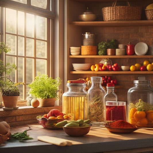 A cozy kitchen scene featuring a stylish corner cabinet organizer filled with colorful spices, neatly arranged dishware, and vibrant produce, illuminated by warm sunlight filtering through a nearby window.
