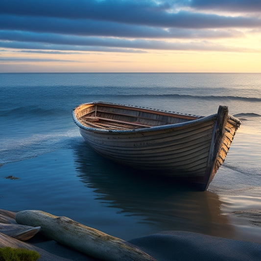 A serene ocean scene at dawn: gentle waves, misty horizon, and a rustic wooden boat filled with an abundance of fresh, vibrant seafood, surrounded by seaweed and driftwood.