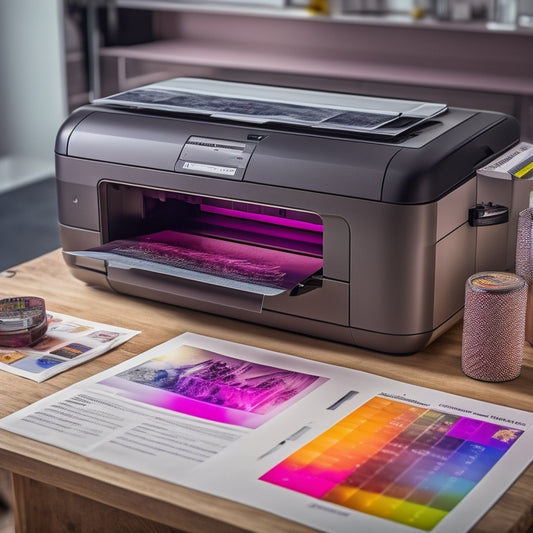 A futuristic, sleek MUNBYN printer sits on a modern desk, surrounded by rolls of colorful labels and a few perfectly printed samples, with a subtle glow emanating from the device.