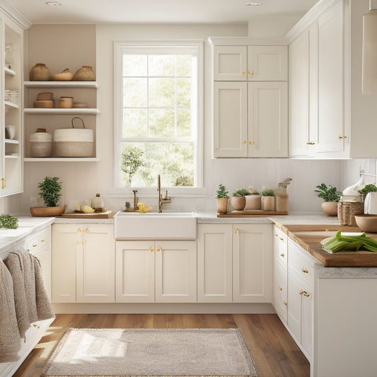 A serene kitchen interior with creamy white cabinets, warm wooden accents, and a few strategically placed decorative vases, surrounded by ample negative space, evoking a sense of calm and organization.