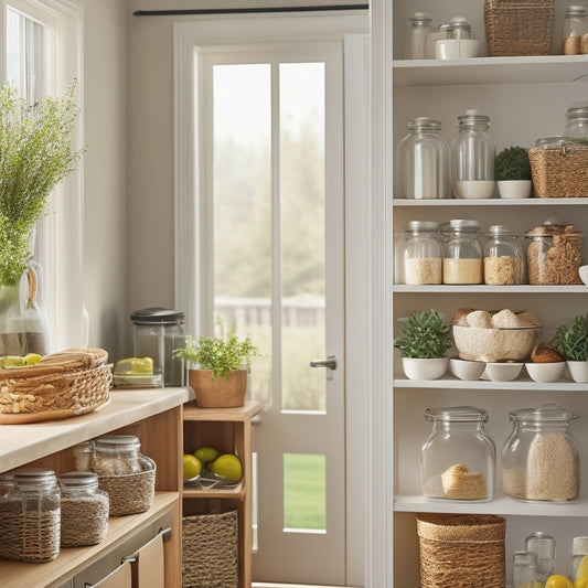 A cozy kitchen corner featuring sleek, multi-tiered cabinet organizers filled with jars and utensils, maximizing vertical space. Soft natural light filters through a nearby window, highlighting the neat arrangement and vibrant colors of the contents.