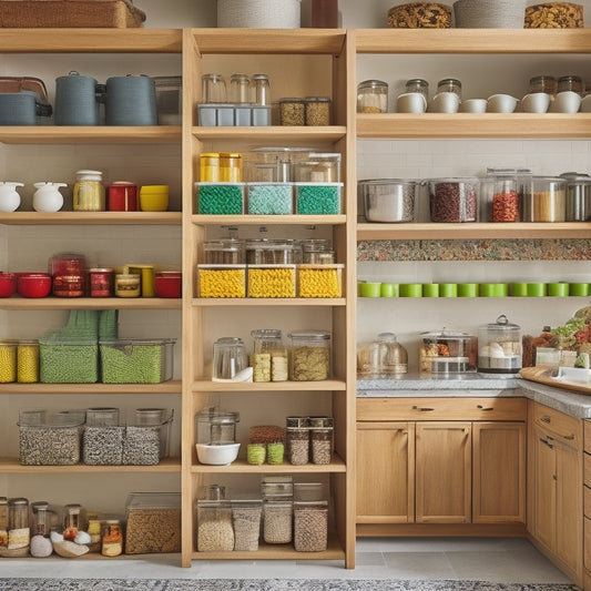 A beautifully arranged kitchen cabinet showcasing tiered spice racks, pull-out shelves, and clear storage bins filled with colorful ingredients, surrounded by neatly stacked dishes and vibrant kitchen utensils, all bathed in warm, inviting light.