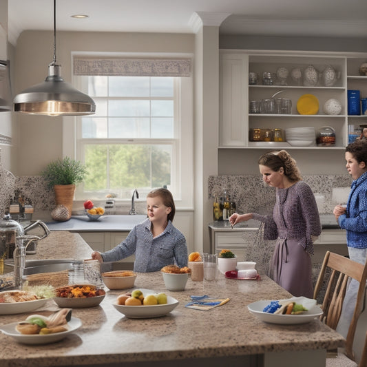 A warm and inviting kitchen scene with a busy family in the background, featuring a clutter-free countertop, a labeled utensil organizer, and a calendar on the wall with a few scheduled meals marked.