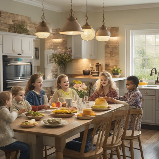 A warm and inviting kitchen scene with a large, rectangular island, pendant lighting, and a mix of stools and chairs around a dining table, surrounded by happy children and busy parents.