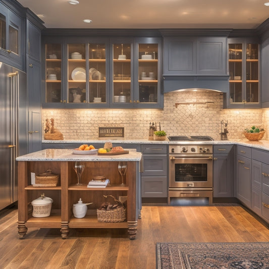An elegantly designed kitchen with custom cabinetry, featuring a floor-to-ceiling pantry with pull-out shelves, a built-in wine rack, and a central island with drawers and a butcher block top.