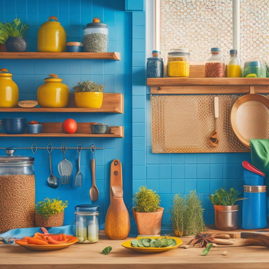 A vibrant kitchen scene featuring a pegboard filled with colorful kitchen utensils, pots, and herbs, neatly arranged. Wooden shelves display jars of spices, while a bright window casts natural light, enhancing the organized atmosphere.
