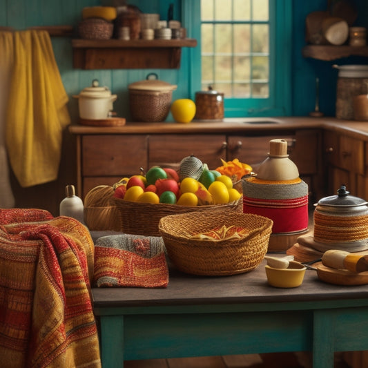 A warm and cozy kitchen scene with a quilt draped over a wooden table, surrounded by vintage kitchen utensils, a few scattered fabric scraps, and a small wicker basket overflowing with colorful thread spools.