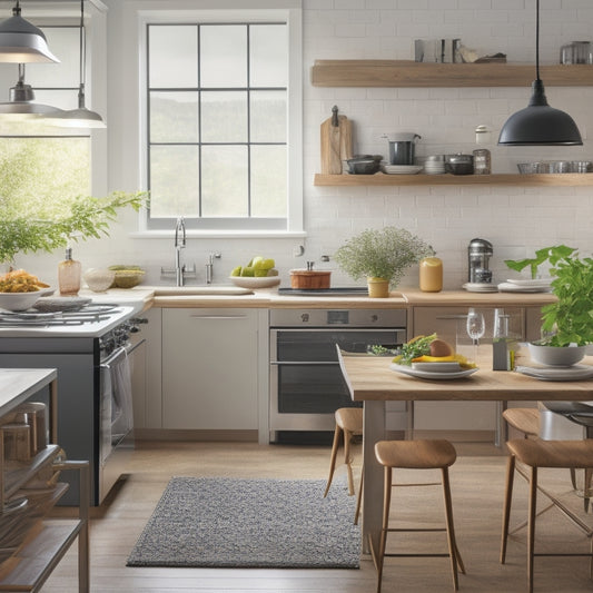 A bright, modern kitchen with stainless steel appliances, a large wooden table, and a few utensils scattered around, featuring a central island with a laptop, notebooks, and a few ingredients.