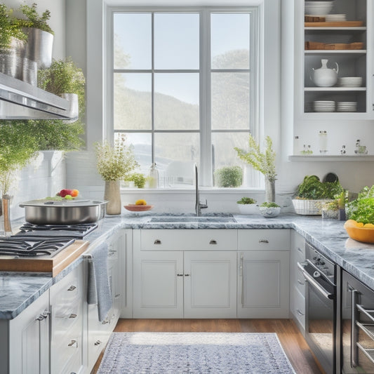 A bright, modern kitchen with marble countertops, a large island, and a stainless steel range, surrounded by organized utensils, cookbooks, and a few potted herbs on a windowsill.