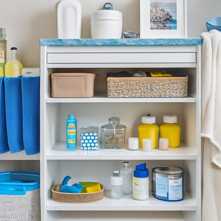 A stylish under-sink organizer, featuring tiered shelves with neatly arranged cleaning supplies, colorful bins, and rolled towels, all set against a sleek cabinet backdrop, showcasing efficient use of tight space.