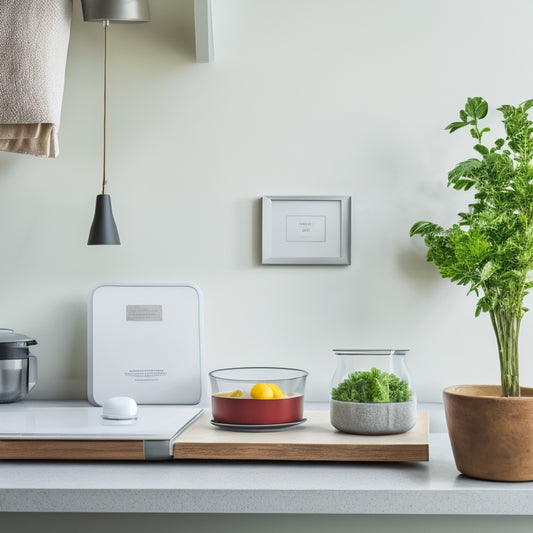 A tidy, minimalist kitchen counter with a few sleek devices, a small potted herb, and a subtle hint of a cookbook open on a tablet, surrounded by ample negative space.