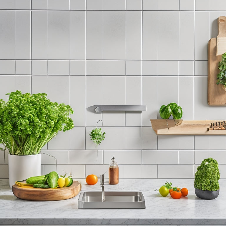 A sleek, modern kitchen featuring a wooden magnetic knife holder mounted on a white tiled wall, displaying an array of gleaming, stainless steel knives, surrounded by fresh herbs and vibrant vegetables on a marble countertop.