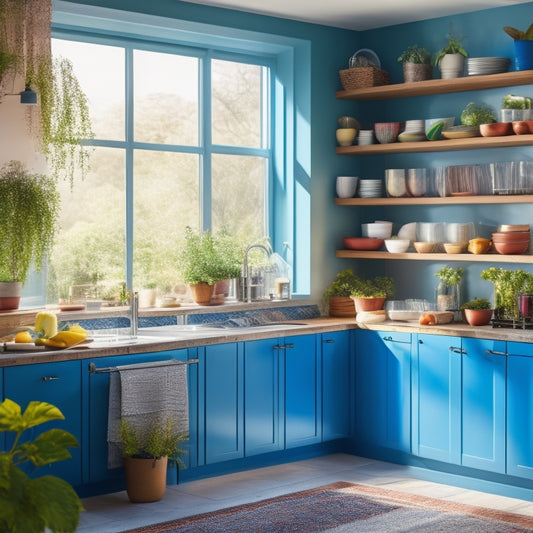 A bright, modern kitchen featuring sleek adjustable corner cabinet shelving units, showcasing a variety of colorful dishes, glassware, and potted herbs, with sunlight streaming through a nearby window, highlighting the elegant design.