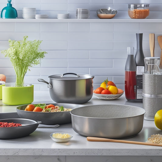 A tidy, modern kitchen countertop with a collection of gluten-free cooking essentials, including a stainless steel mixing bowl, a silicone spatula, a ceramic baking dish, and a few glass storage containers filled with quinoa and vegetables.
