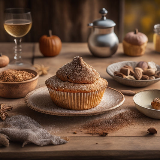 A warm and inviting scene: a rustic wooden table adorned with a steaming cinnamon muffin, golden brown and topped with a crumbly streusel, surrounded by scattered cinnamon sticks and a few fallen autumn leaves.