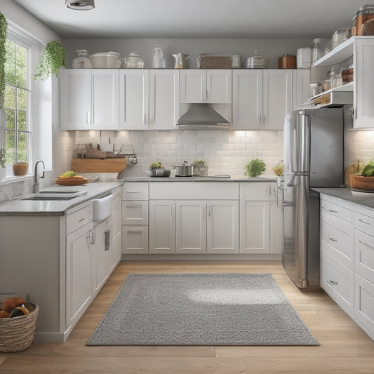 A tidy, L-shaped kitchen with white cabinets, gray countertops, and warm wood flooring, featuring a wall-mounted pot rack, a pull-out spice drawer, and a hidden trash can compartment.