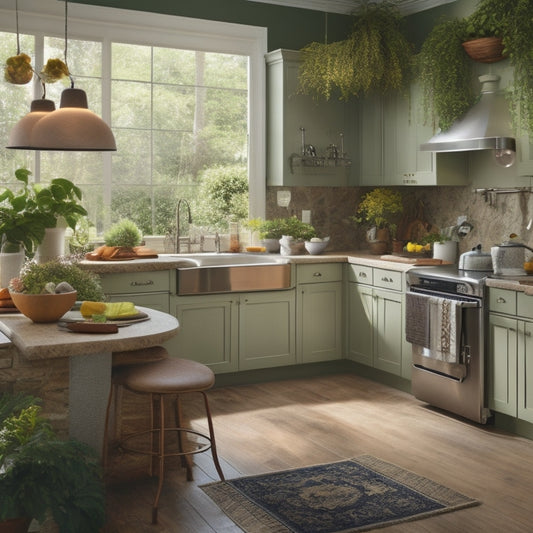 An inviting kitchen with warm lighting, featuring a wheelchair-accessible island, lowered countertops, and grab bars near the sink, surrounded by lush green plants and a few cooking utensils.