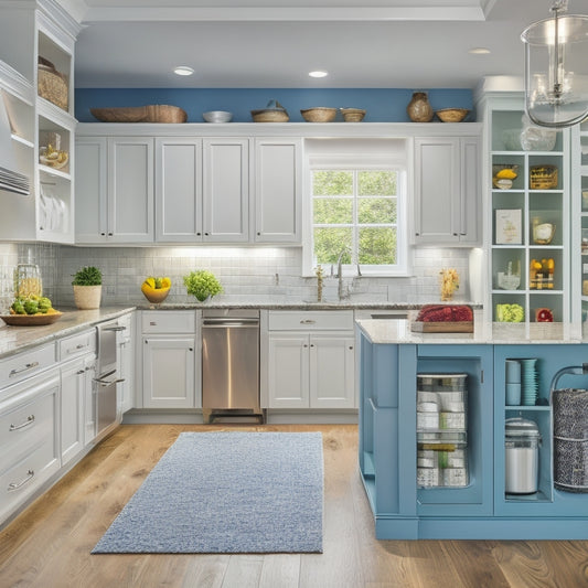 An image of a bright, modern kitchen with a wheelchair-accessible island, pull-out shelves, and handles replaced with easy-grip knobs, under-cabinet lighting, and a walk-in pantry with adjustable shelving.