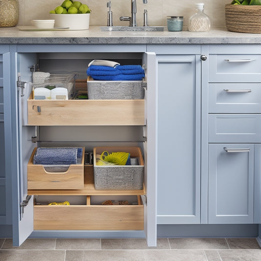 A sleek under-sink cabinet filled with organized bins and pull-out drawers, showcasing pots, cleaning supplies, and dish towels. Soft, warm lighting illuminates the space, highlighting the smart design and efficient use of space.