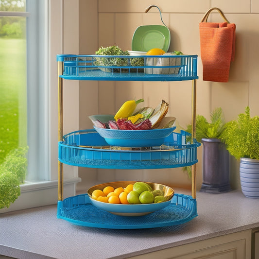 A sleek, modern tiered dish rack stands elegantly in a cozy kitchen corner, showcasing neatly arranged plates, bowls, and utensils, surrounded by vibrant herbs and colorful dish towels, maximizing limited space with style.