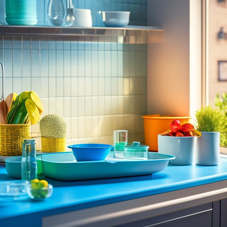 A sleek, modern collapsible dish rack sits on a compact kitchen counter, surrounded by a minimalist decor. Sunlight filters through a window, illuminating colorful dishes drying, with a small potted plant in the corner.