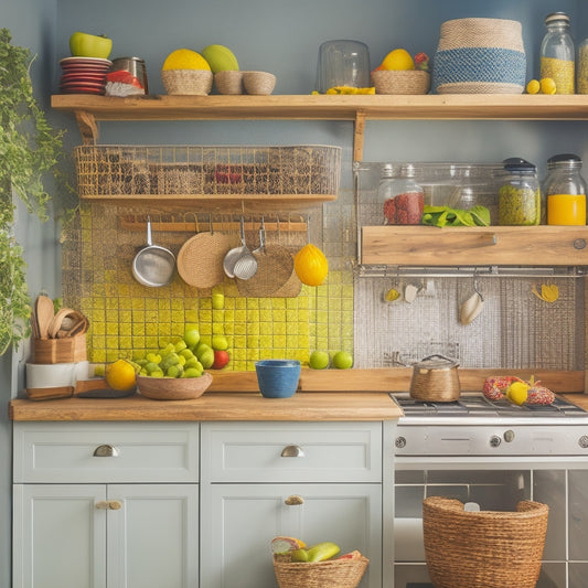 A colorful, clutter-free kitchen with open shelving, a pegboard with hanging utensils, a repurposed mason jar spice rack, and a woven basket filled with fresh fruits and vegetables.
