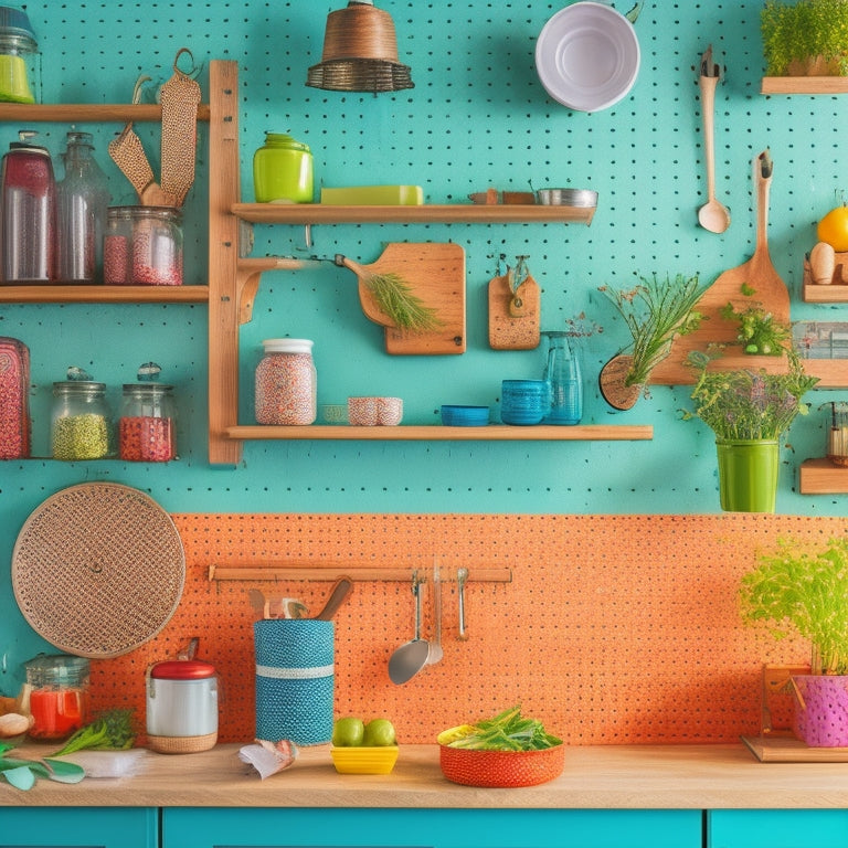 A stylish kitchen featuring a vibrant pegboard wall adorned with colorful kitchen utensils, potted herbs, and decorative jars, creating an organized and visually appealing storage solution amidst modern appliances and warm wooden accents.