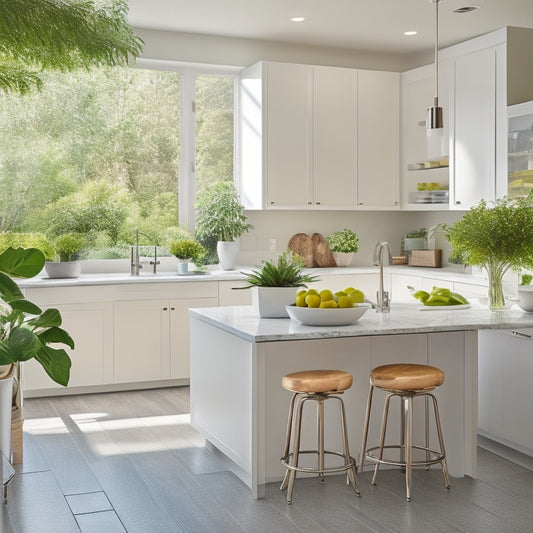 A serene, modern kitchen with sleek white cabinets, polished chrome fixtures, and a spacious island, surrounded by ample natural light and a few, carefully placed, lush green plants.