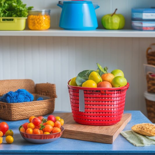 A tidy kitchen countertop with a dedicated gluten-free zone, a labeled basket of fresh fruits, and a stack of color-coded storage bins with a subtle background of a nutrition guide or a recipe book.