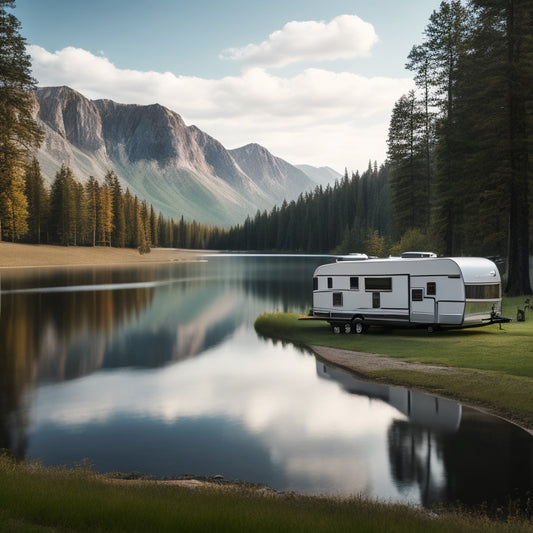 A serene landscape featuring a sleek, silver RV parked alongside a tranquil lake, surrounded by lush greenery and towering trees, with a faint mountain range in the distance.