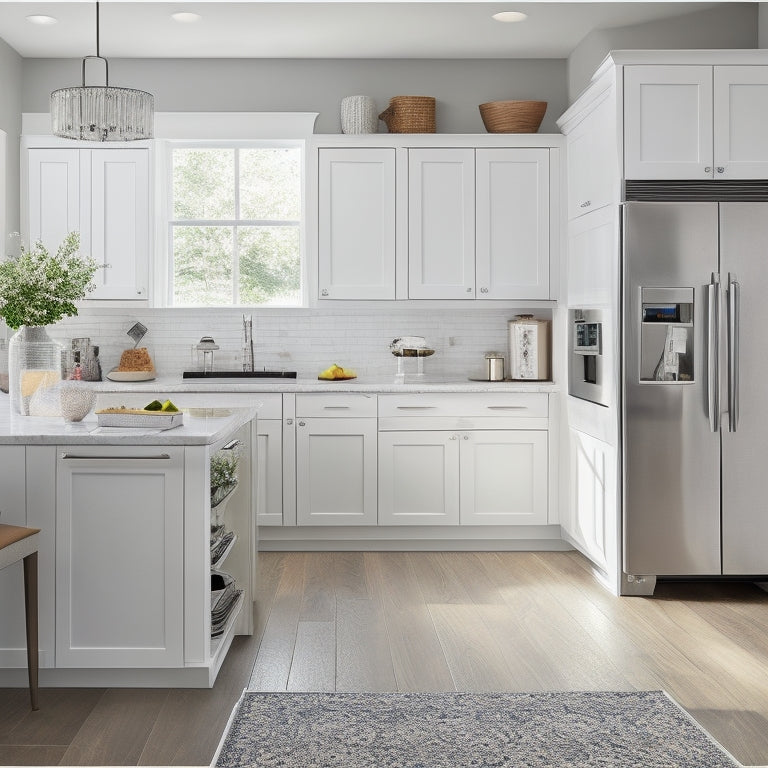 A bright, modern kitchen with sleek white cabinets, stainless steel appliances, and a large island with built-in storage, featuring a utensil organizer, a spice rack, and a pull-out trash can.