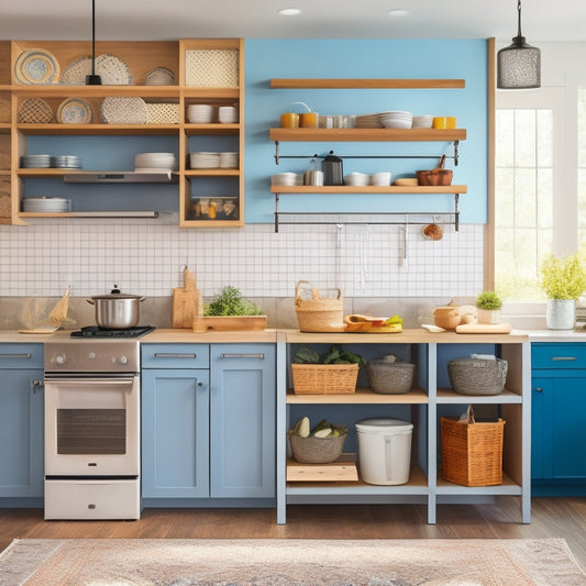 A bright, modern kitchen with sleek cabinets, pull-out drawers, and a kitchen island, featuring a mix of open shelving, decorative baskets, and a pegboard with utensils, against a warm, neutral background.