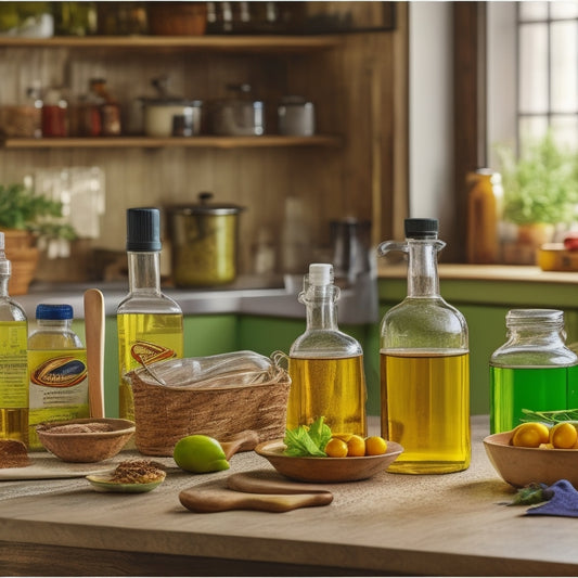 A split-screen image with a messy kitchen countertop on the left, cluttered with various cooking oil bottles, and a tidy countertop on the right, with 3-4 neatly organized oil bottles and a wooden spoon.