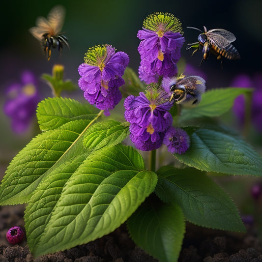A whimsical illustration of a smiling purple dead nettle plant with delicate, heart-shaped leaves and tiny purple flowers, surrounded by buzzing bees and a few ripe, juicy berries.