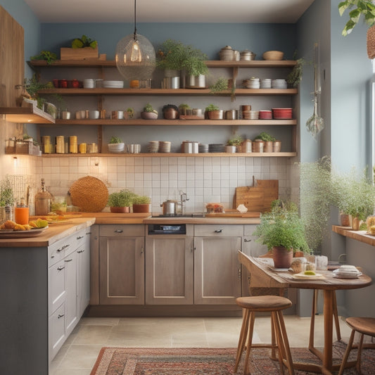 A cozy small kitchen featuring vertical shelves filled with colorful spices, hanging pots, magnetic knife strips on the wall, a pull-out pantry, and a compact dining nook with storage stools, all in warm, inviting lighting.