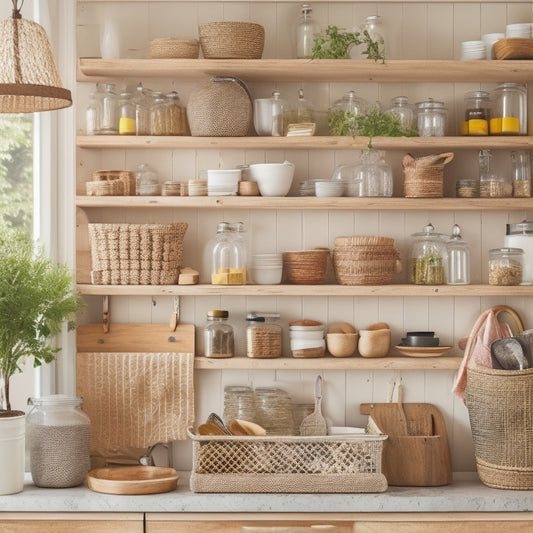 A clutter-free kitchen with a mix of open shelving, woven baskets, and labeled jars, featuring a pegboard with hanging utensils and a slide-out spice rack, surrounded by warm lighting and natural wood tones.