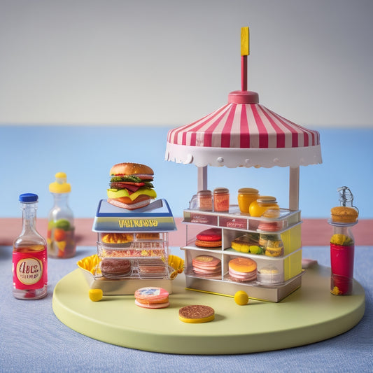 A whimsical miniature food stand with a tiny awning, colorful condiment bottles, and a few bite-sized burgers on a tiered display, surrounded by a scattering of tiny coins and a small, open storage crate.