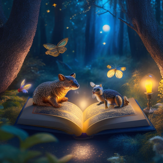 A whimsical illustration of a fantastical, shimmering book with golden pages and a glowing aura, surrounded by curious Neopian creatures, in a mystical, moonlit forest with twinkling fireflies.