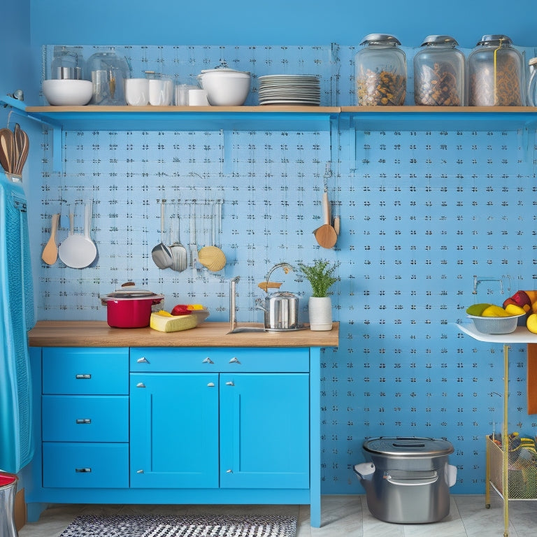 A bright, modern kitchen with a mix of open and closed storage, featuring a pegboard with hanging utensils, a pull-out trash can, and a utensil organizer attached to the side of a cabinet.