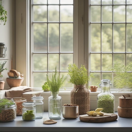 A serene kitchen scene showcasing elegant, stackable glass containers filled with vibrant herbs and grains, surrounded by bamboo utensils and potted plants, all bathed in natural light filtering through a large window.