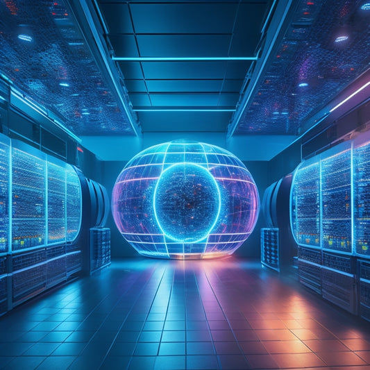 A futuristic server room with rows of humming machines, cables, and blinking lights; a large, glowing orb in the center represents data, with arrows radiating outwards, symbolizing efficient file downloads.