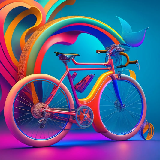 A stylized illustration of a sleek, futuristic bicycle with vibrant, glowing accents, surrounded by floating, abstract panniers in various shapes and colors, with dynamic, swirly patterns.